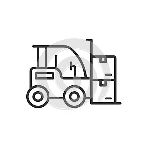 Forklift truck line icon. Forklift truck loading cardboard boxes isolated icon. Forklift truck handling equipment vector