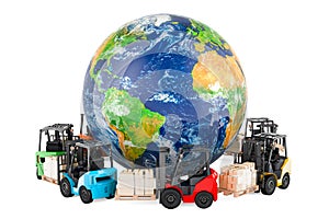 Forklift truck with parcels around Earth Globe. Worldwide delivery, global freight transportation, concept. 3D rendering