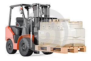 Forklift truck with parcels wrapped in the stretch film, 3D rendering