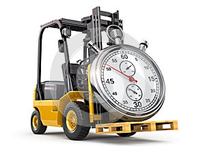 Forklift truck with stopwatch .Express delivery concept.