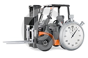 Forklift truck with stopwatch. Fast delivery and shipping concept, 3D rendering