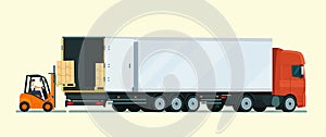 Forklift truck with trailer loading. Vector flat style illustration