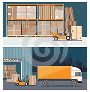 Forklift truck in warehouse building. Truck loading .Nighttime. Two vector banners