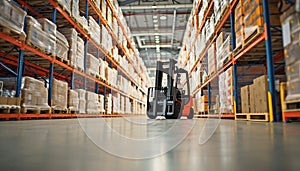 forklift truck in warehouse. Logistics and distribution center for product delivery