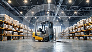 forklift truck in warehouse. Logistics and distribution center for product delivery