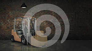 Forklift truck in warehouse or storage loading cardboard boxes. 3d