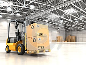Forklift truck in warehouse or storage loading cardboard boxes.