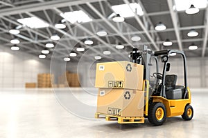 Forklift truck in warehouse or storage loading cardboard boxes.