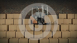 Forklift truck in warehouse or storage loading cardboard boxes. 3d