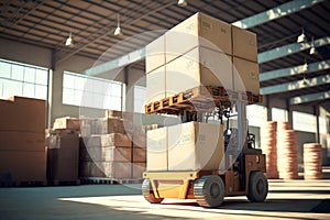 Forklift truck in warehouse or storage loading cardboard boxes. Generative AI illustration