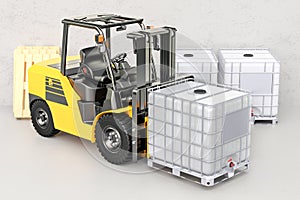 Forklift truck with white intermediate bulk container, 3D render