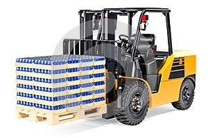 Forklift truck with wooden pallet full of drink metallic cans in