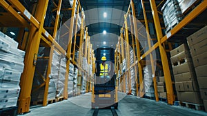 The forklift in warehouse aisle.AI generated image