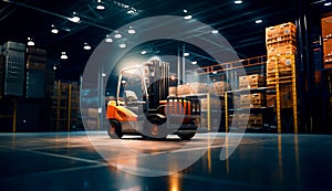 Forklift in warehouse with pallets stacked on the pallets. Generative AI