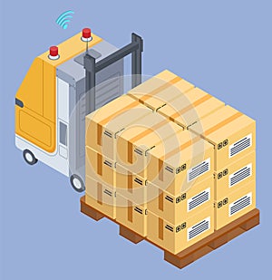 Forklift with wooden pallet with card boxes, postal transportation, logistic delivery transport