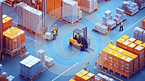 Forklift and workers in a busy warehouse