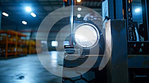 A forklifts headlights shown in close detail as it operates in a warehouse highlighting the vehicles durability and