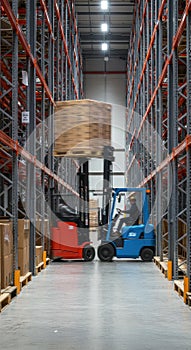 Forklifts operating in a warehouse loading pallets industrial storage