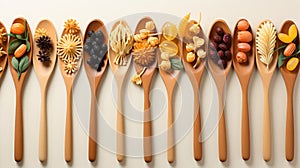 Forks and spoons with various tasty pasta on white background, flat lay