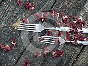 Forks. A tableware. An old wooden table.