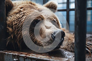 Forlorn brown bear in a cage, longing for the wild. Concept of animal rights, wildlife conservation, captivity stress photo