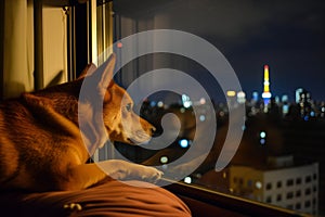 forlorn dog at window, distant city tower lights dotting dark photo