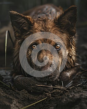 A forlorn pet with fur caked in soil, eyes pleading for care, captured in the dim light of dusk