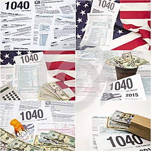 Form 1040 IRS income tax american flag drugs money collage