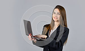 Formal casual fashion style. stylish woman hold notebook. girl follow dress code. confident businesswoman with laptop