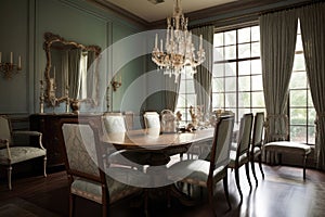 Formal Dining Area With Large Table And Upholstered Chairs Traditional Interior Design. Generative AI