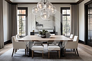 A formal dining room with a long wooden table, designer chairs, and a statement lighting fixture.
