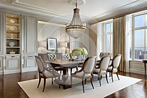 A formal dining room with a long wooden table, upholstered chairs, and an elegant