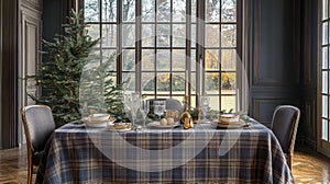 Formal Dining Table Set with Christmas Tree, Plates, and Glasses
