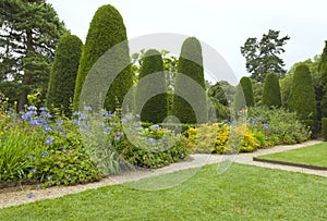 Formal english garden with conifer trees, flowerbeds