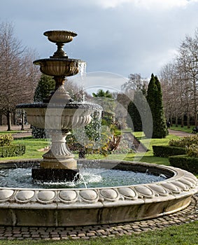 Formal flower gardens in Regent's Park, London UK, photographed in springtime with water fountain in foreground.