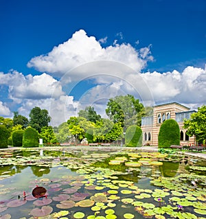 Formal garden. beautiful pond in public park.