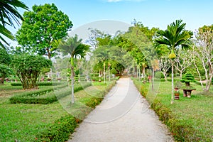 Formal garden with lots of trees in the Imperial City Hue, Vietnam. Garden in the Forbidden City of Hue.