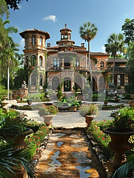 Formal Gardens and Ornate Sculptures in Regal Renaissance Estate