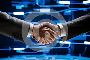 Formal handshake in technologically advanced setting with digital connections photo