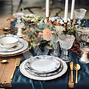 Formal holiday tablescape with blue decor, dinner table setting, table scape with elegant tableware and dinnerware for