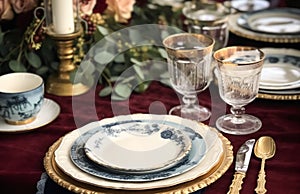 Formal holiday tablescape with blue decor, dinner table setting, table scape with elegant tableware and dinnerware for wedding