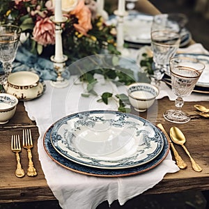 Formal holiday tablescape with blue decor, dinner table setting, table scape with elegant tableware and dinnerware for wedding