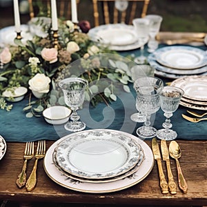 Formal holiday tablescape with blue decor, dinner table setting, table scape with elegant tableware and dinnerware for wedding