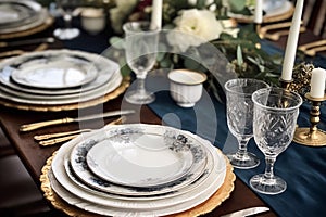 Formal holiday tablescape with blue decor, dinner table setting, table scape with elegant tableware and dinnerware for wedding