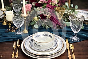 Formal holiday tablescape with blue decor, dinner table setting, table scape with elegant tableware and dinnerware for