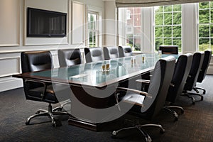 a formal meeting room with a long glass table and black leather chairs
