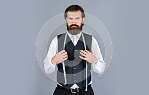 formal and office style. man tailor with tape measure. man tailoring male clothes. brutal man is fashion designer. man