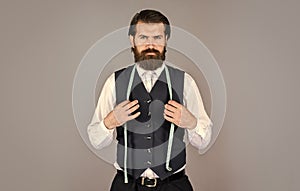 formal and office style. man tailor with tape measure. man tailoring male clothes. brutal man is fashion designer. man