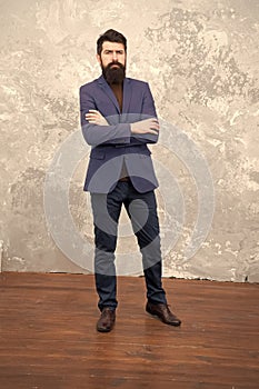 Formal outfit. Take good care of suit. Elegancy and male style. Businessman or host fashionable outfit grey background