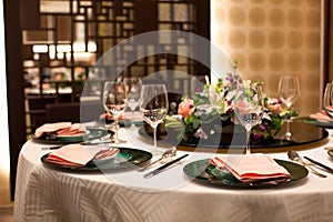 Formal table setting with flower decoration